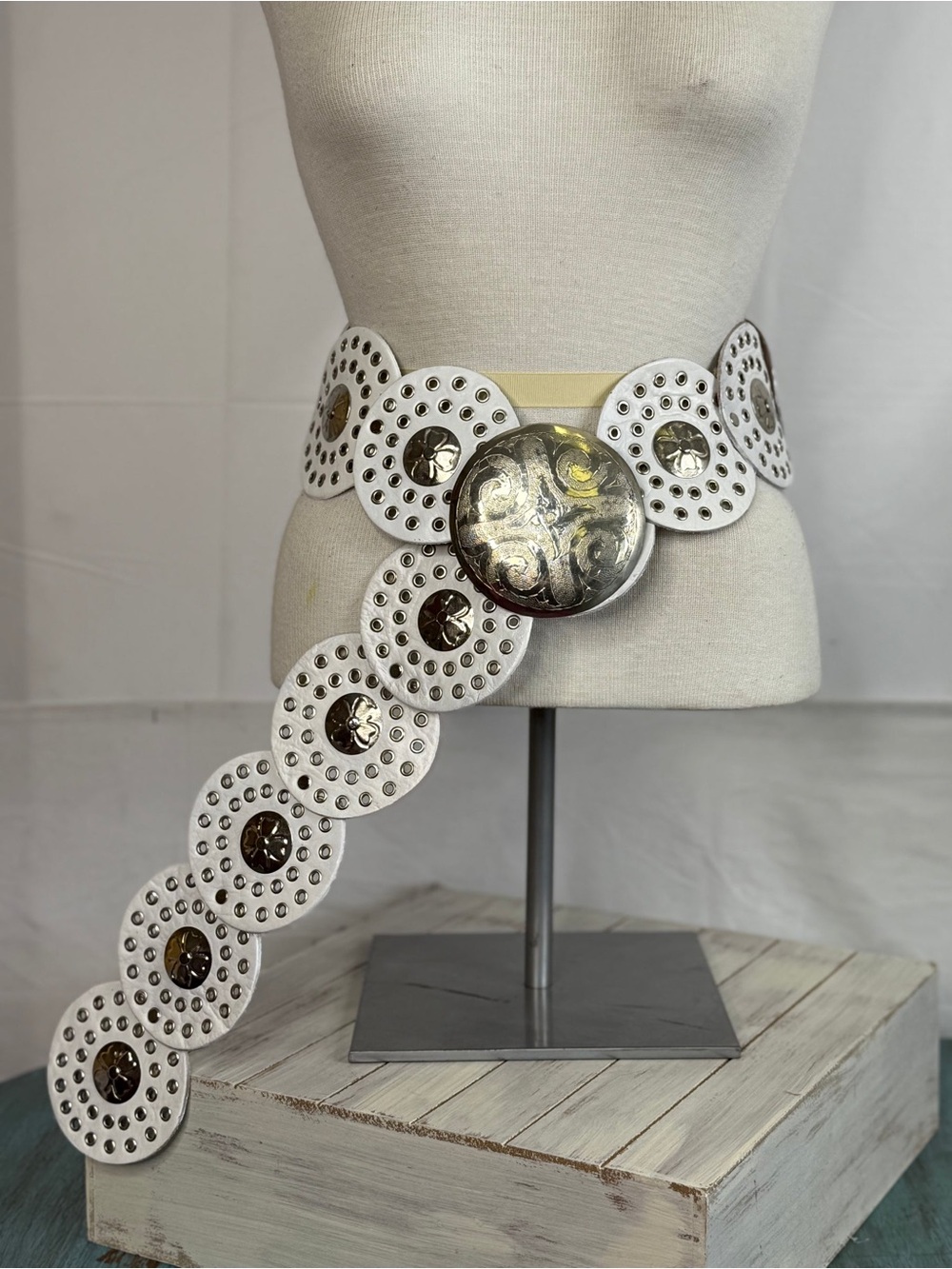 White Circular Disc Waist Belt with Large Silver Buckle boho Concho faux leather